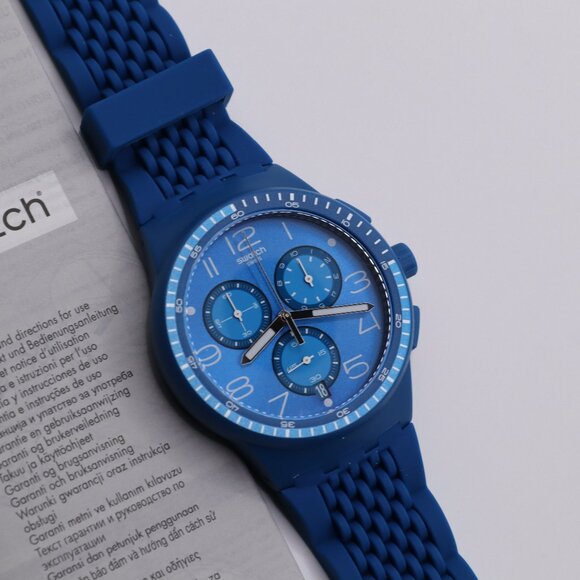 Swiss Limited Rare Swatch Chronograph Plastic Susn415 Triple Blu New 42MM Blue - Picture 6 of 10